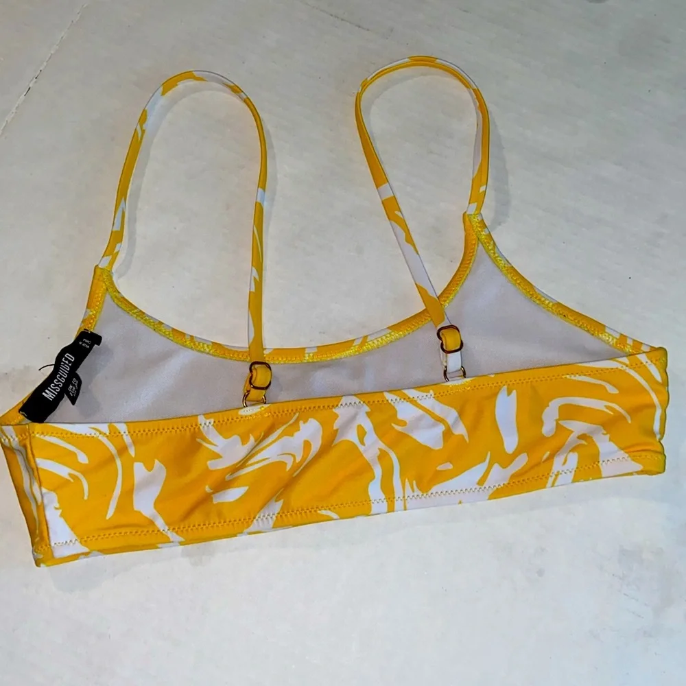 Missguided Yellow White Swirl Scoop Neck Adjustable Straps High Cut Bikini 3482